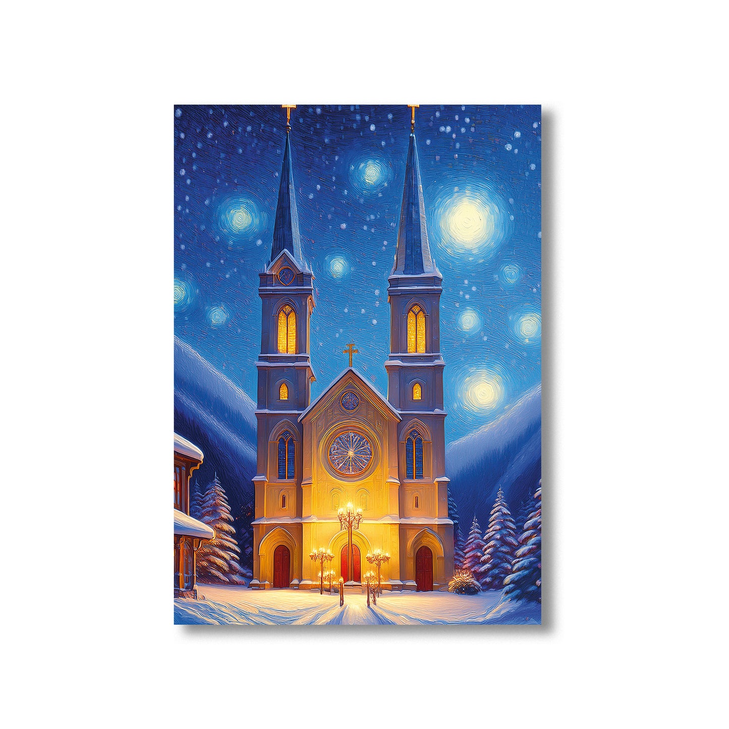 Oil painting of snowy church with glowing stained glass windows