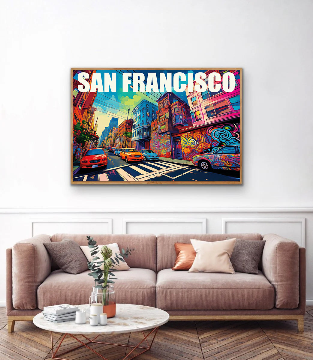 San Francisco graffiti wall art print digital download featuring vibrant urban street art mural inspired by SF’s eclectic culture and iconic neighborhoods, ideal for modern home decor, street art enthusiasts, and contemporary wall art collectors.