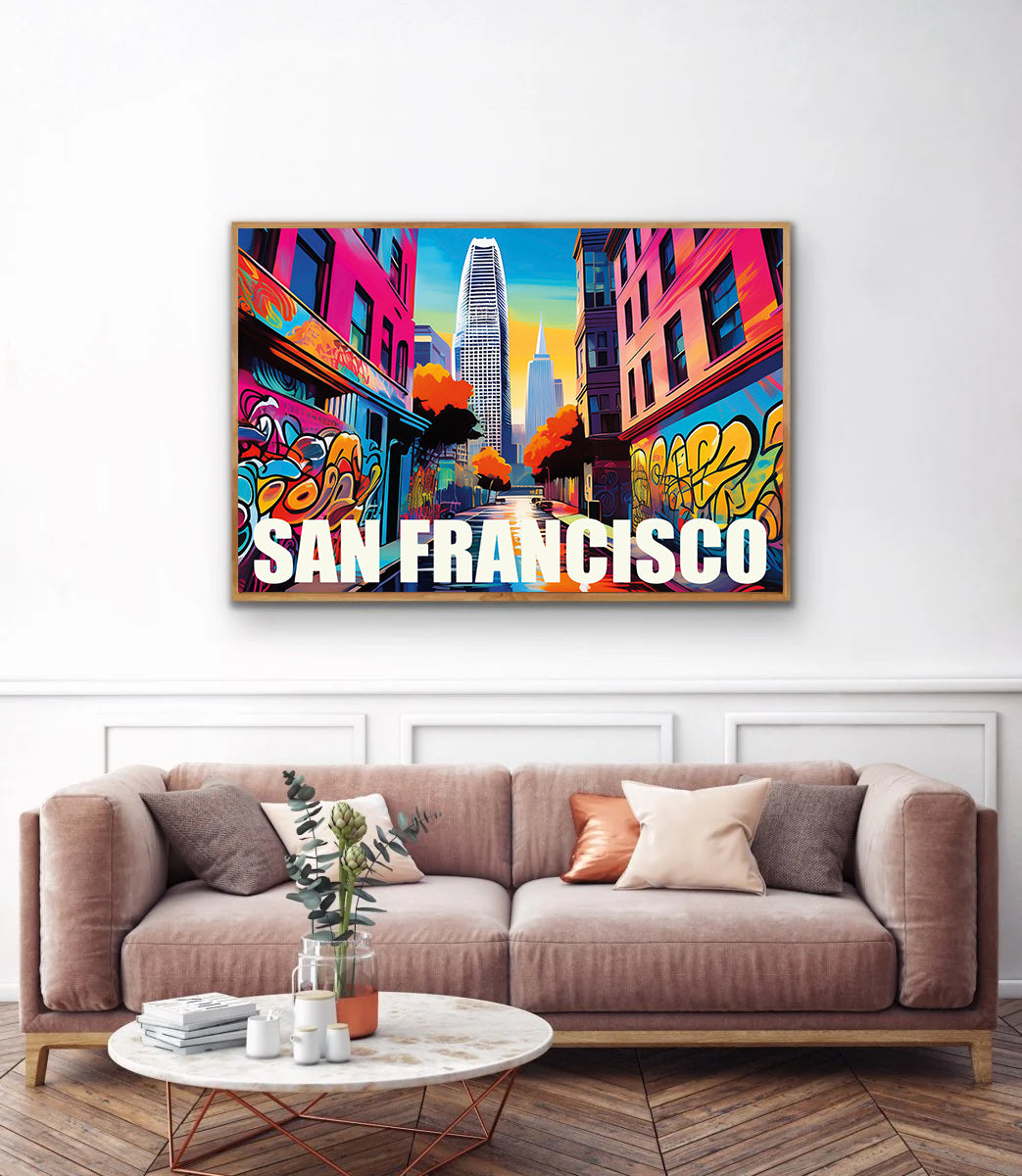 San Francisco graffiti wall art print digital download featuring vibrant urban street art mural inspired by SF’s eclectic culture and iconic neighborhoods, ideal for modern home decor, street art enthusiasts, and contemporary wall art collectors.