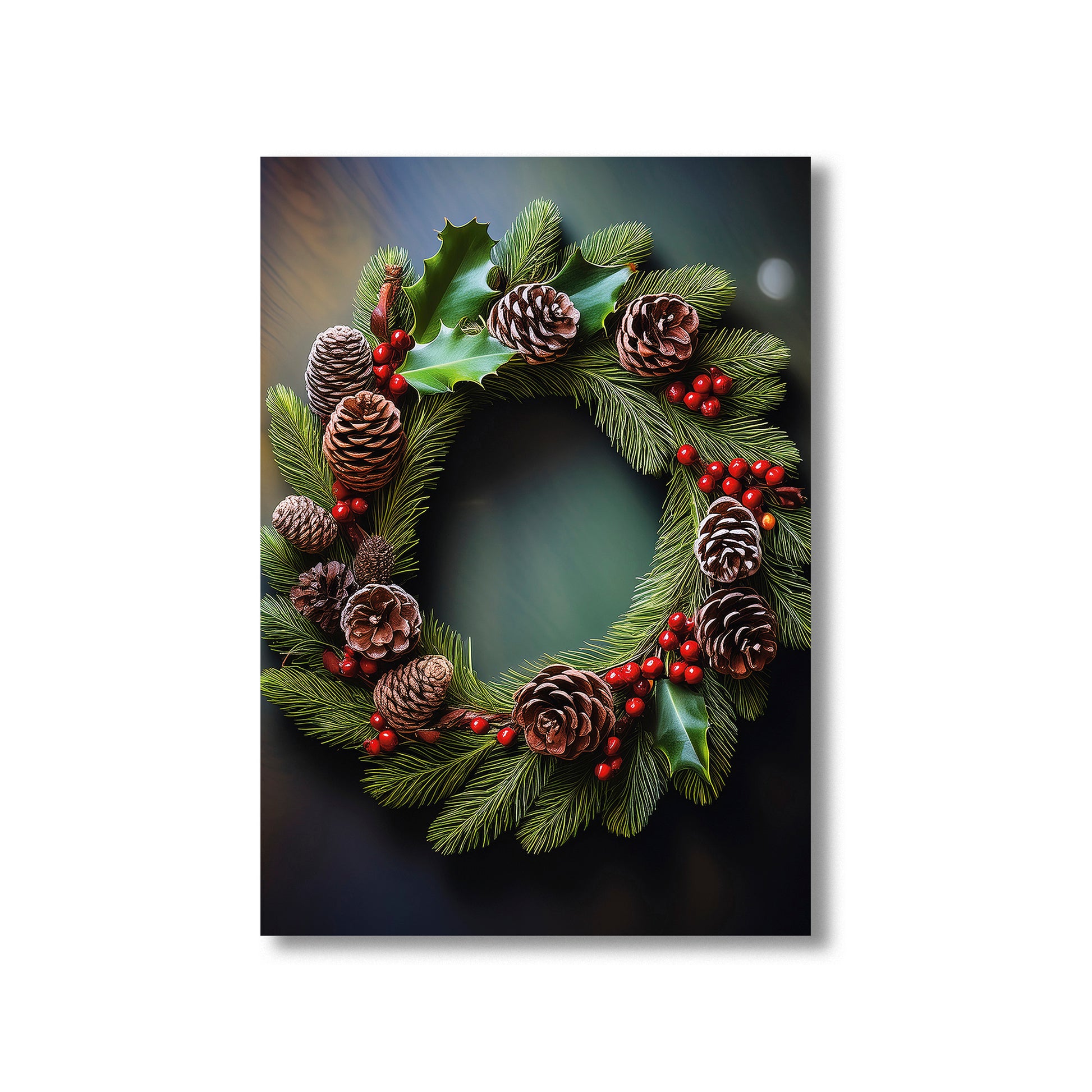 Elegant Christmas Wreath Card – detailed pinecone and greenery wreath in festive holiday style