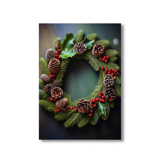 Elegant Christmas Wreath Card – detailed pinecone and greenery wreath in festive holiday style