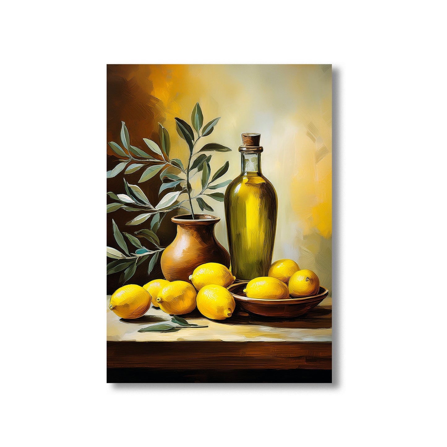 Mediterranean olive oil bottle and lemons still life printable wall art for rustic kitchen decor