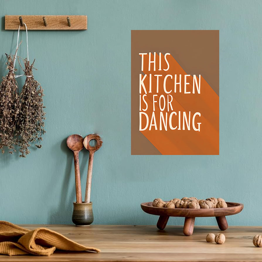 Funny kitchen wall art print with the phrase “This Kitchen Is For Dancing,” perfect for kitchen and dining room decor digital download