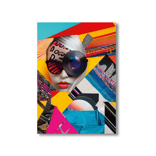 Colorful abstract art print with geometric shapes and a face wearing sunglasses.