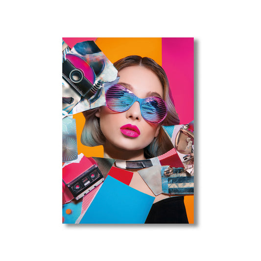 Colorful poster with a woman wearing sunglasses and a retro-themed design.