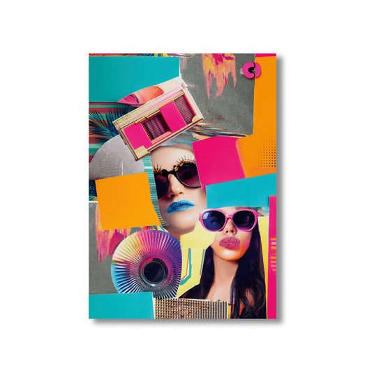 Colorful notebook cover with a collage of images and text, featuring a woman's face and abstract designs.