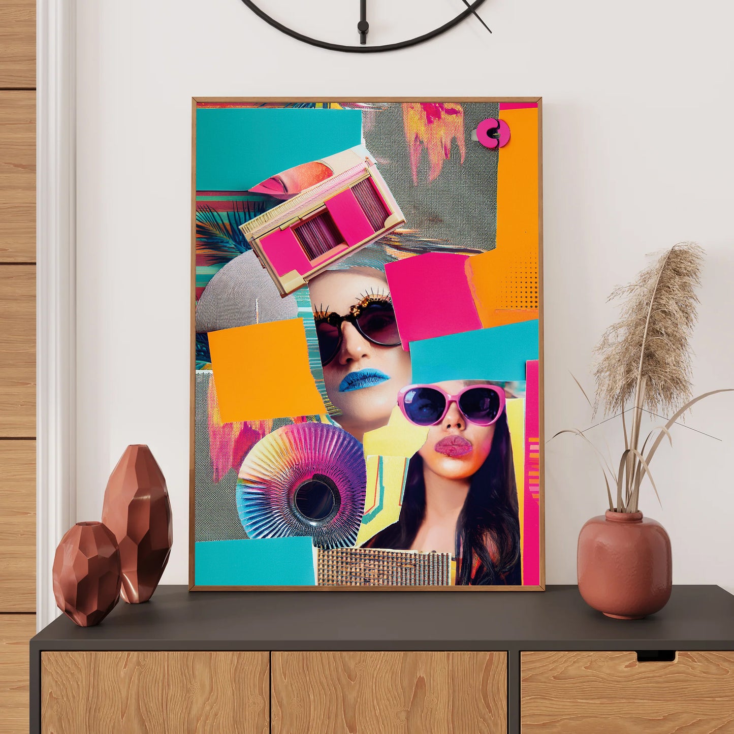 Colorful abstract art piece on a wall above a wooden cabinet with decorative items.