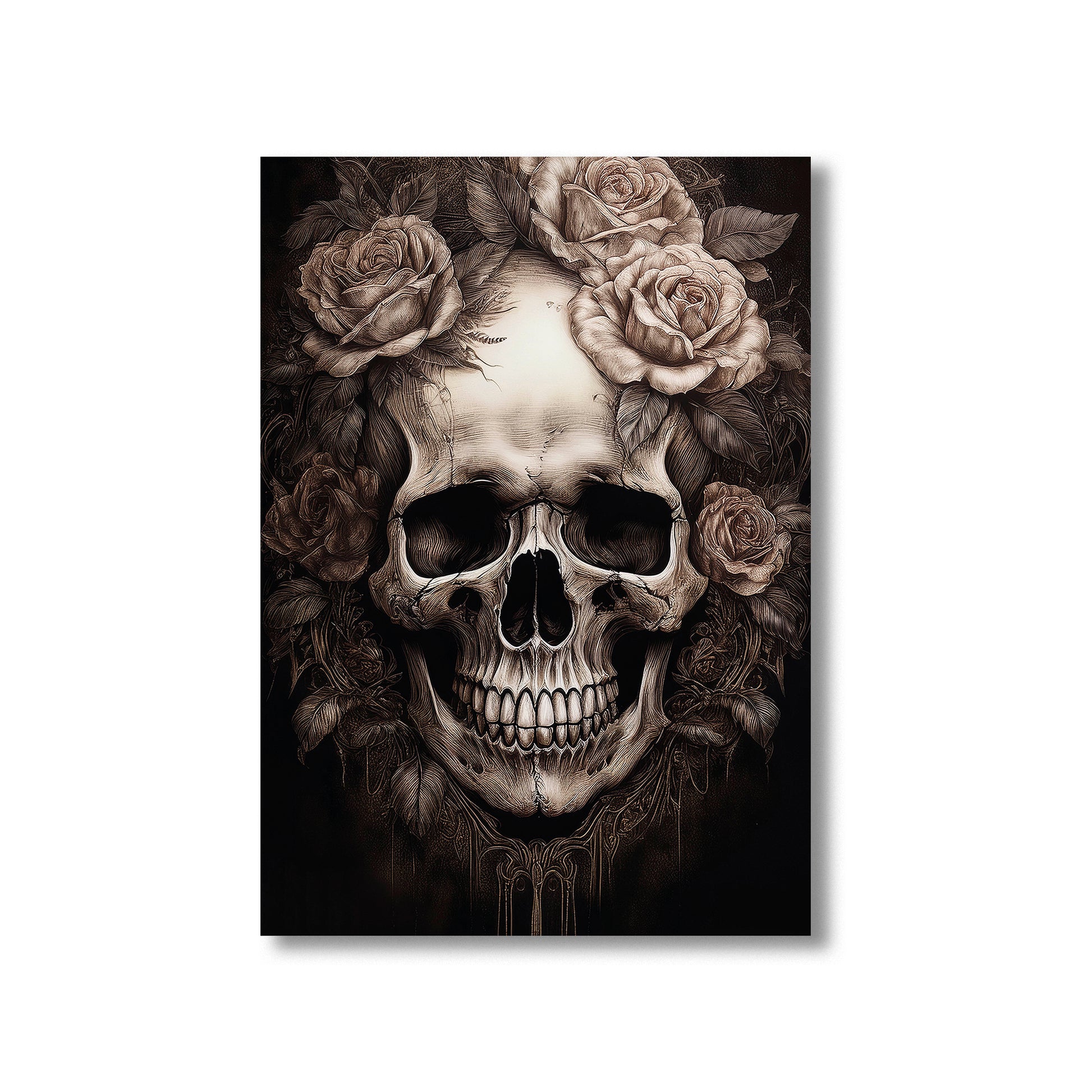 Skull with roses wall art print featuring a detailed skull surrounded by blooming roses, perfect for gothic and floral home decor digital download