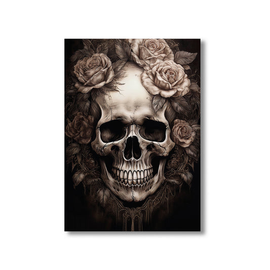 Skull with roses wall art print featuring a detailed skull surrounded by blooming roses, perfect for gothic and floral home decor digital download