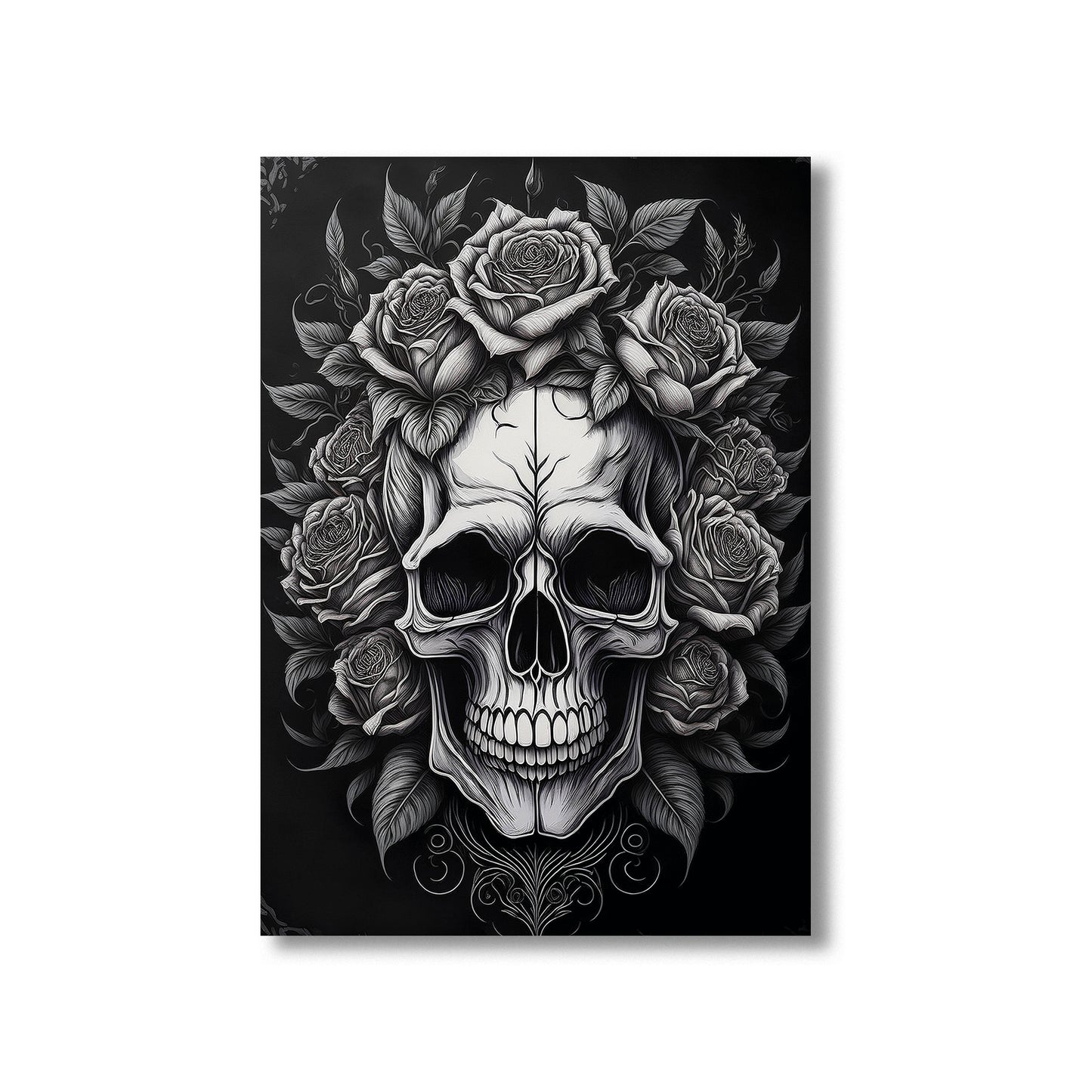 Skull with roses wall art print featuring a detailed skull surrounded by blooming roses, perfect for gothic and floral home decor digital download