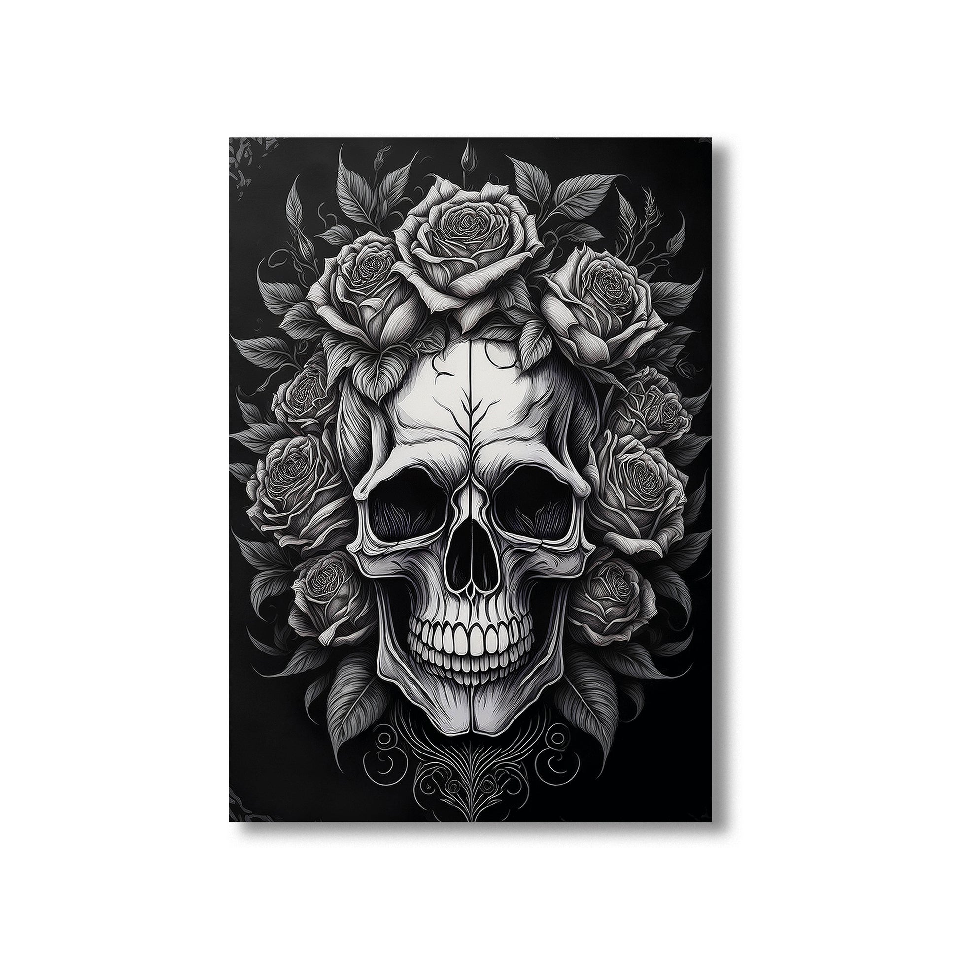 Skull with roses wall art print featuring a detailed skull surrounded by blooming roses, perfect for gothic and floral home decor digital download