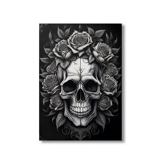 Skull with roses wall art print featuring a detailed skull surrounded by blooming roses, perfect for gothic and floral home decor digital download