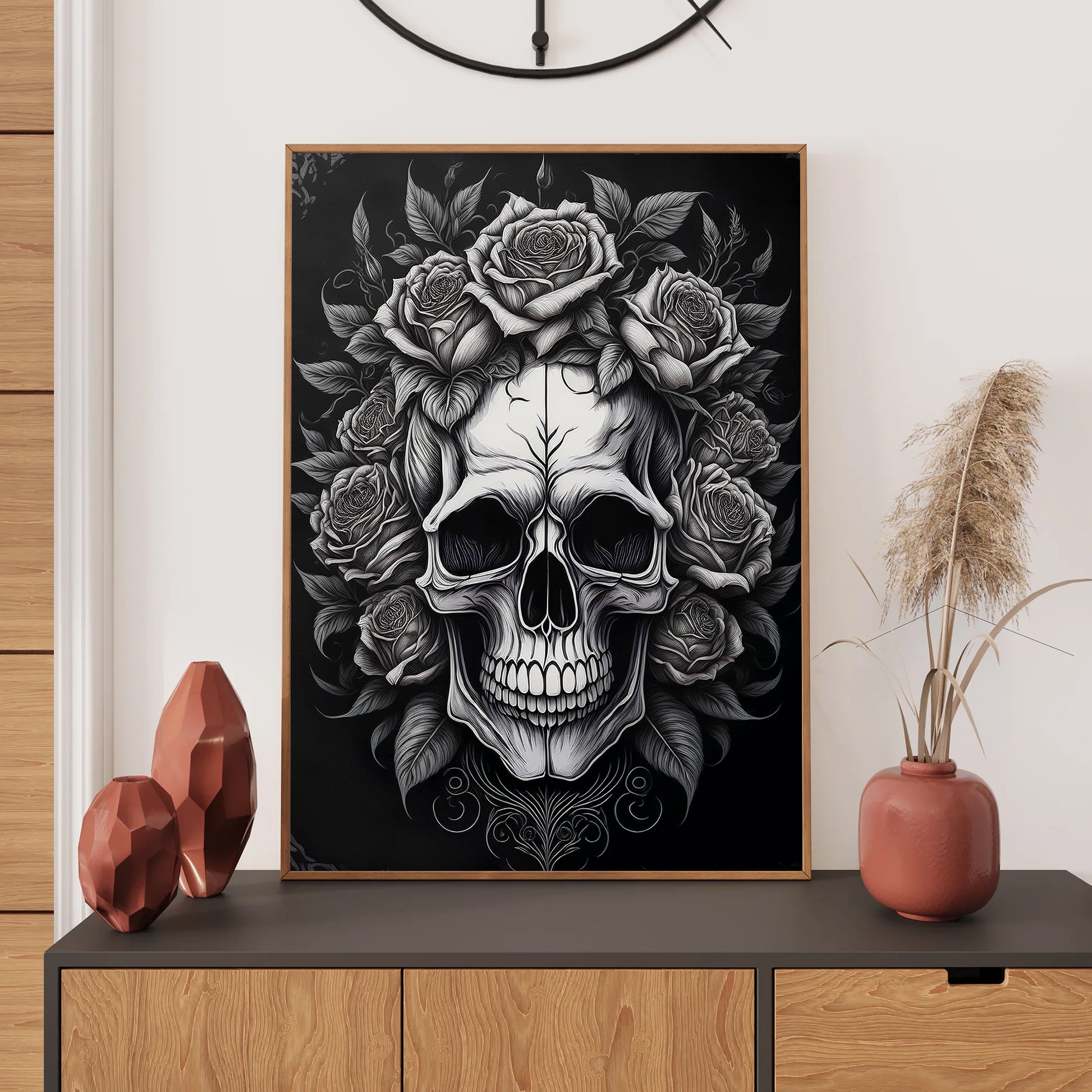 Skull with roses wall art print featuring a detailed skull surrounded by blooming roses, perfect for gothic and floral home decor digital download