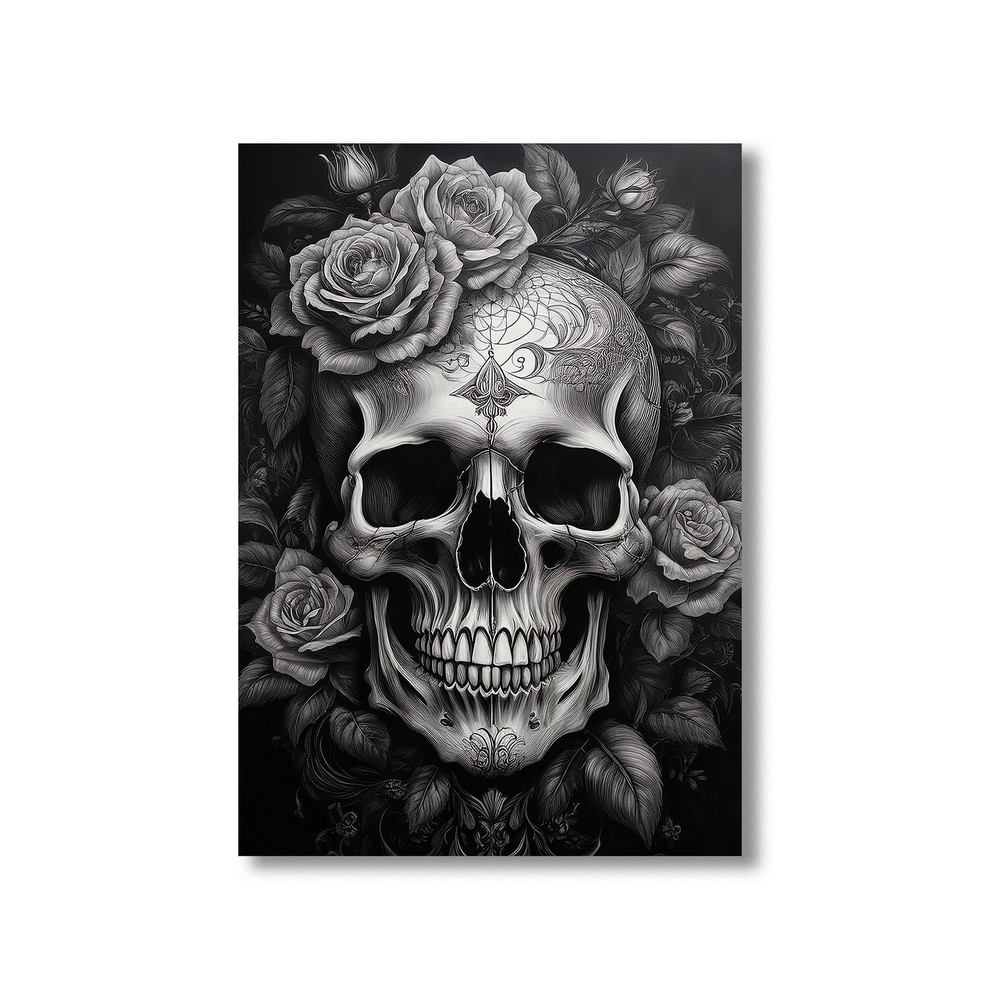Skull with roses wall art print featuring a detailed skull surrounded by blooming roses, perfect for gothic and floral home decor digital download