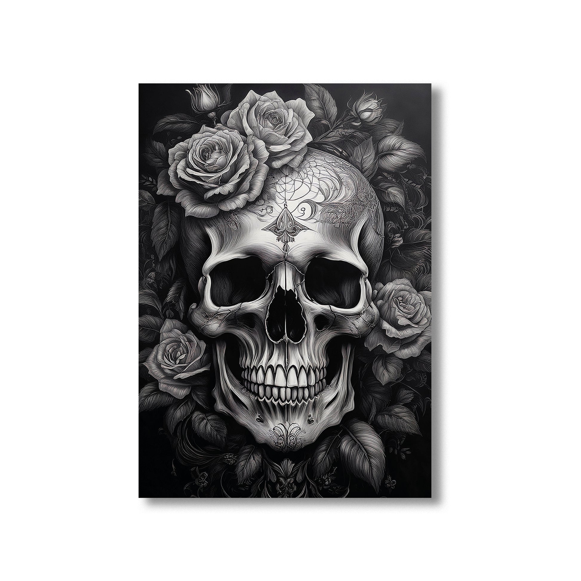 Skull with roses wall art print featuring a detailed skull surrounded by blooming roses, perfect for gothic and floral home decor digital download