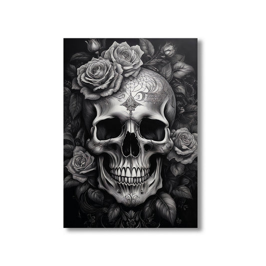 Skull with roses wall art print featuring a detailed skull surrounded by blooming roses, perfect for gothic and floral home decor digital download