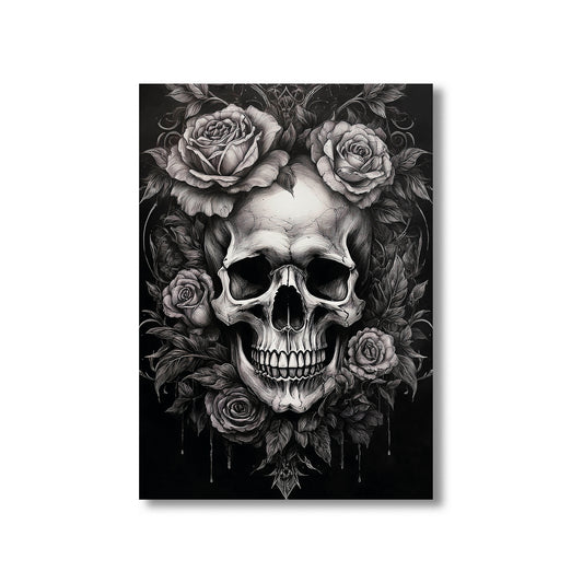 Skull with roses wall art print featuring a detailed skull surrounded by blooming roses, perfect for gothic and floral home decor digital download