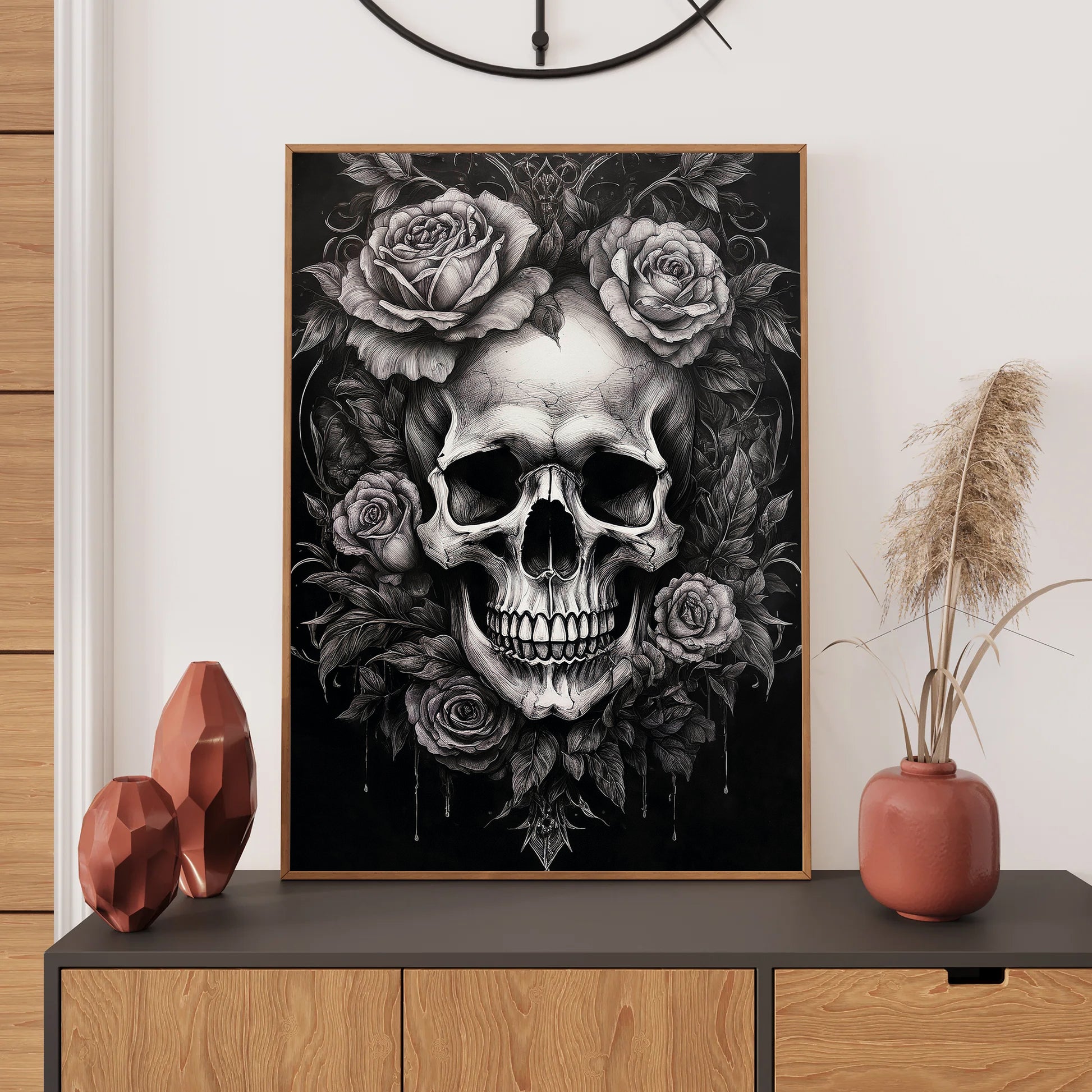 Skull with roses wall art print featuring a detailed skull surrounded by blooming roses, perfect for gothic and floral home decor digital download