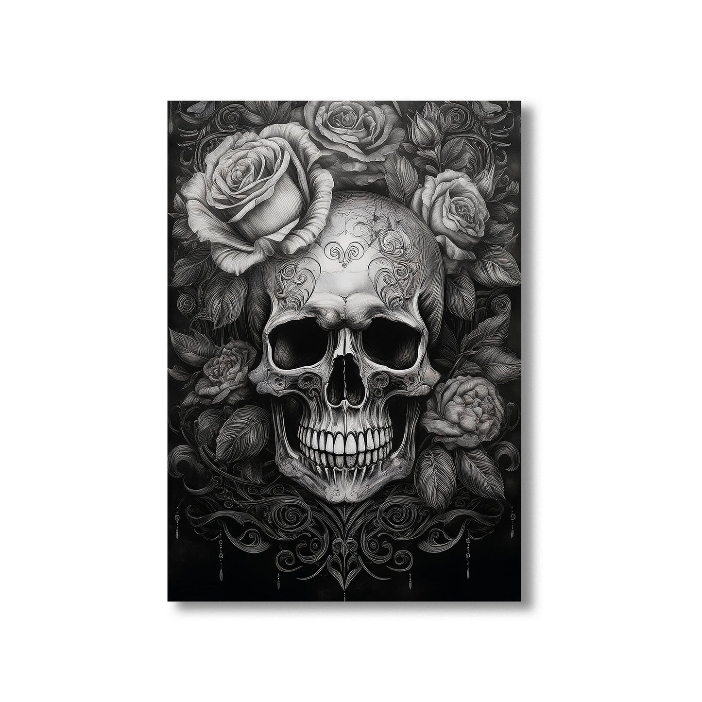 Skull with roses wall art print featuring a detailed skull surrounded by blooming roses, perfect for gothic and floral home decor digital download