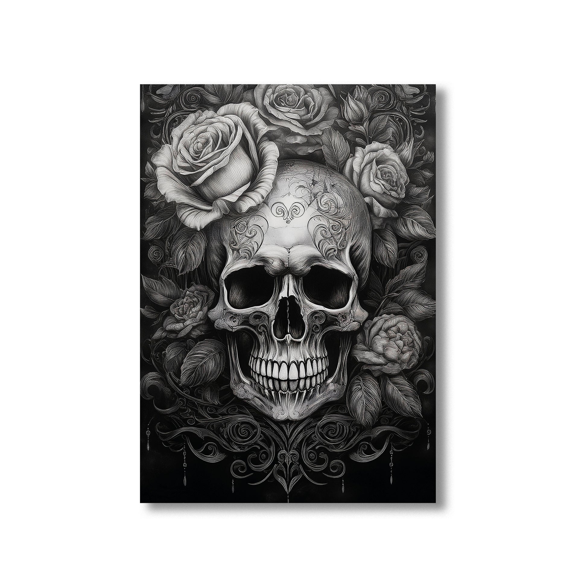 Skull with roses wall art print featuring a detailed skull surrounded by blooming roses, perfect for gothic and floral home decor digital download
