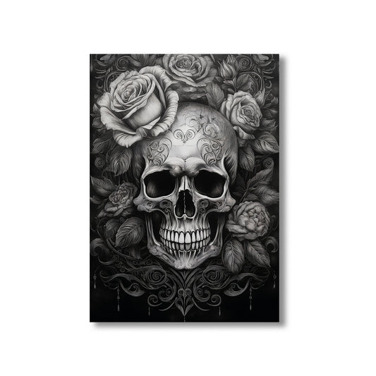 Skull with roses wall art print featuring a detailed skull surrounded by blooming roses, perfect for gothic and floral home decor digital download
