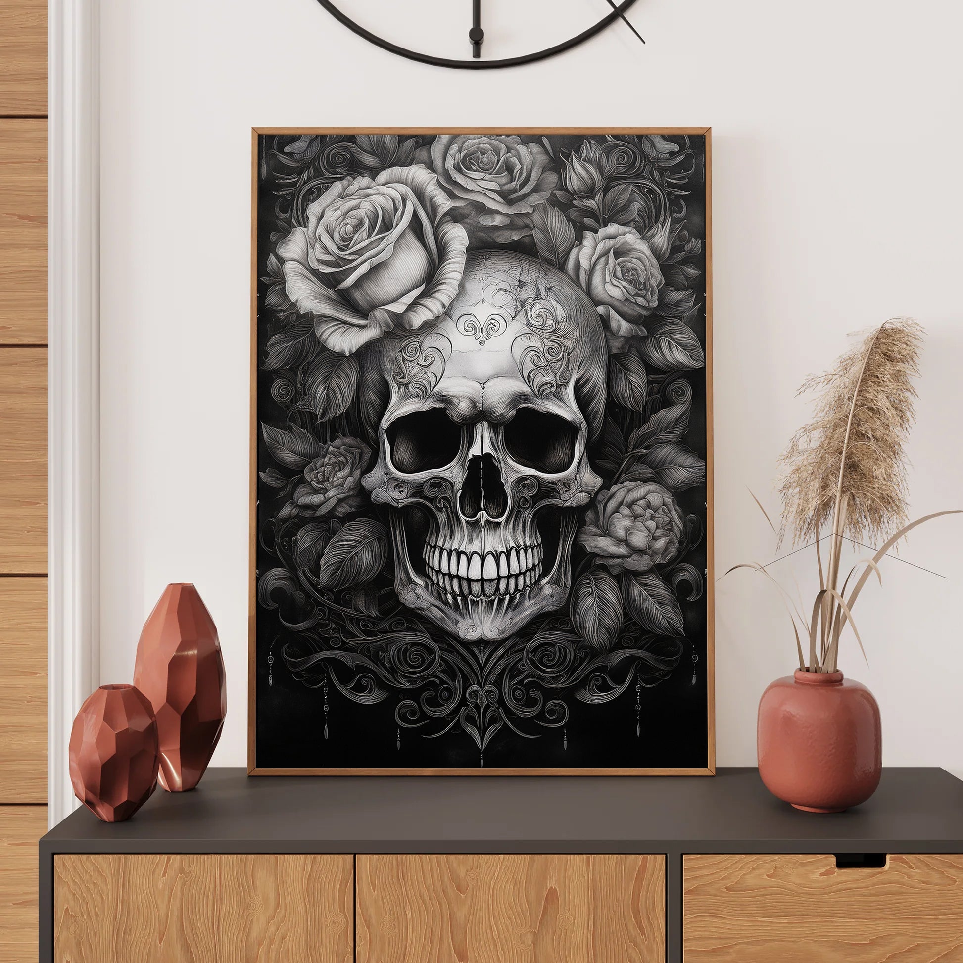 Skull with roses wall art print featuring a detailed skull surrounded by blooming roses, perfect for gothic and floral home decor digital download
