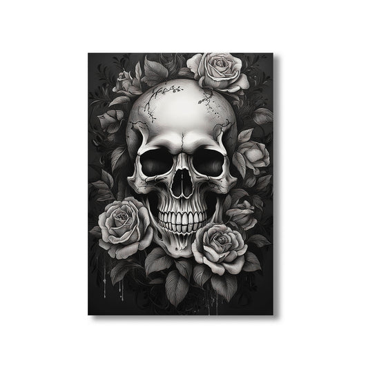 Skull with roses wall art print featuring a detailed skull surrounded by blooming roses, perfect for gothic and floral home decor digital download