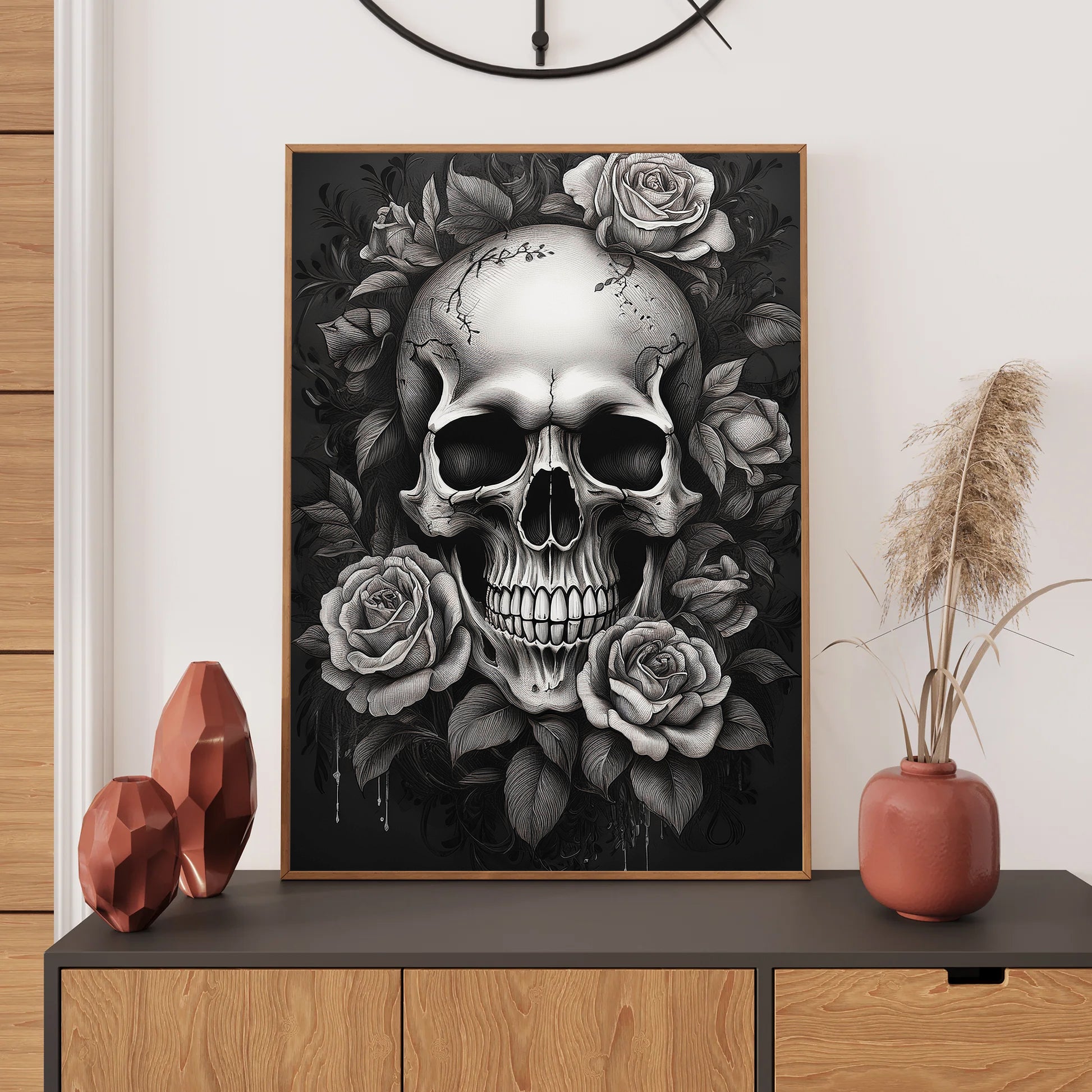 Skull with roses wall art print featuring a detailed skull surrounded by blooming roses, perfect for gothic and floral home decor digital download
