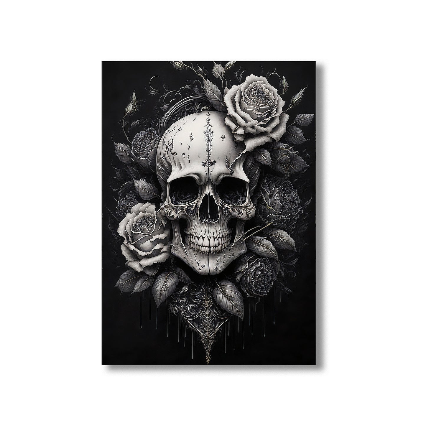 Skull with roses wall art print featuring a detailed skull surrounded by blooming roses, perfect for gothic and floral home decor digital download