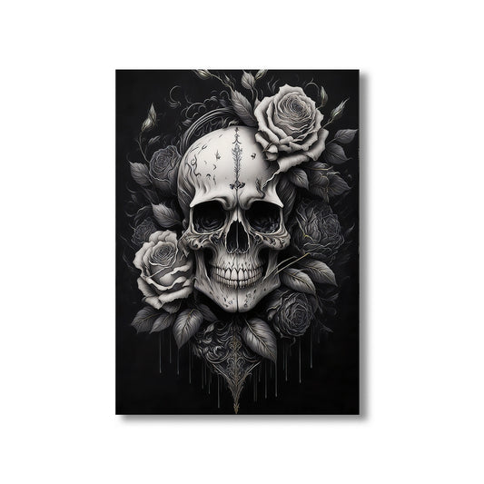 Skull with roses wall art print featuring a detailed skull surrounded by blooming roses, perfect for gothic and floral home decor digital download