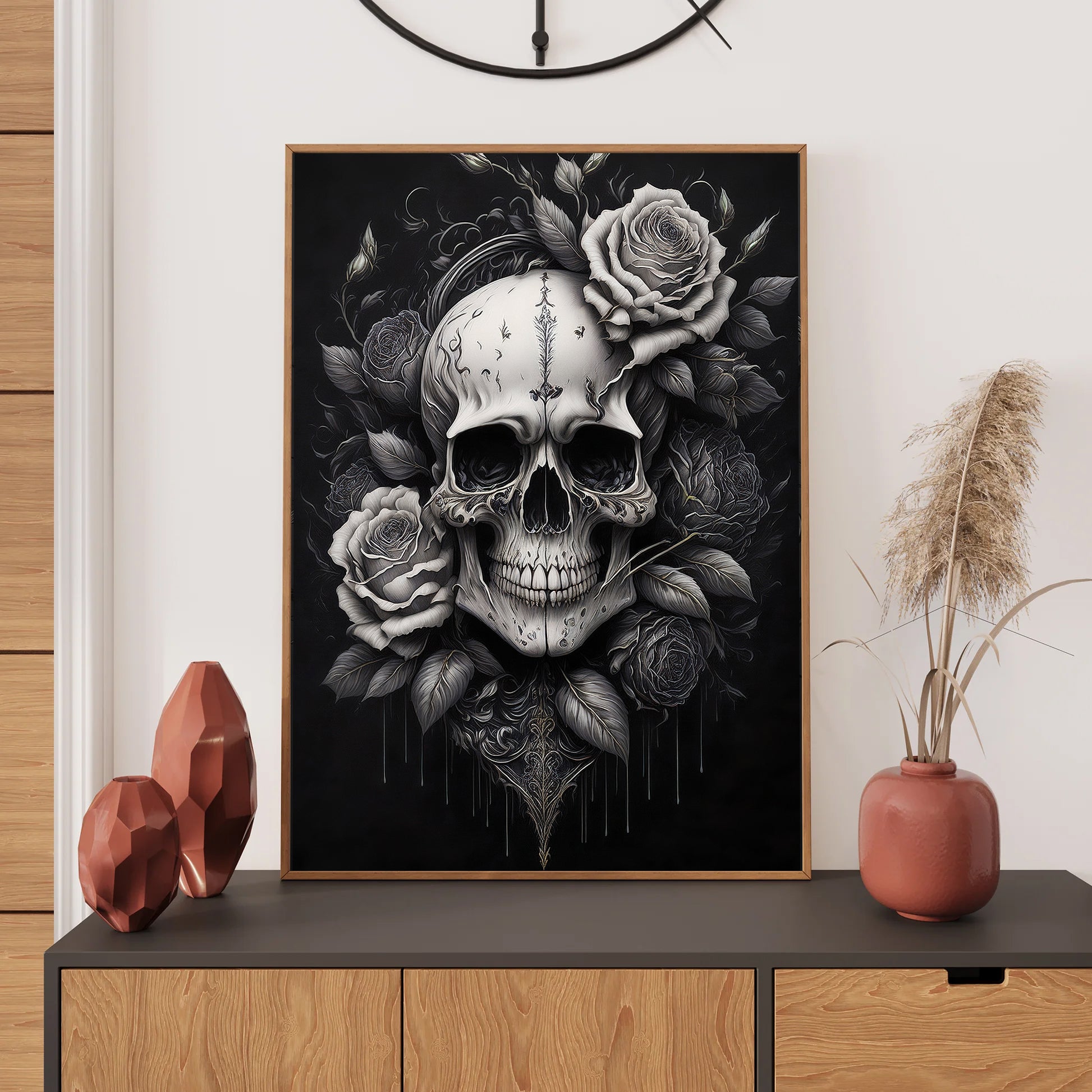 Skull with roses wall art print featuring a detailed skull surrounded by blooming roses, perfect for gothic and floral home decor digital download