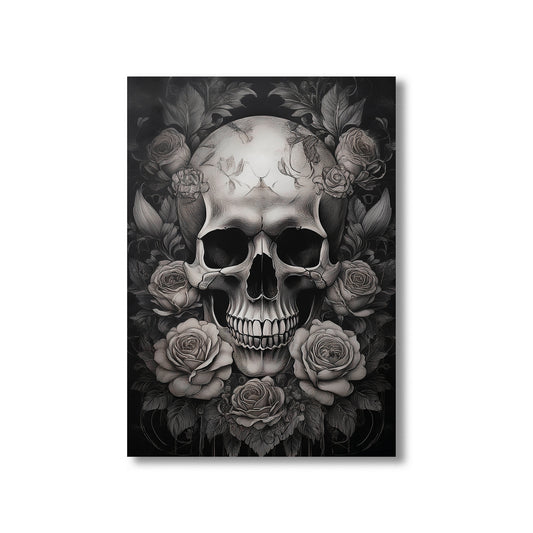 Skull with roses wall art print featuring a detailed skull surrounded by blooming roses, perfect for gothic and floral home decor digital download