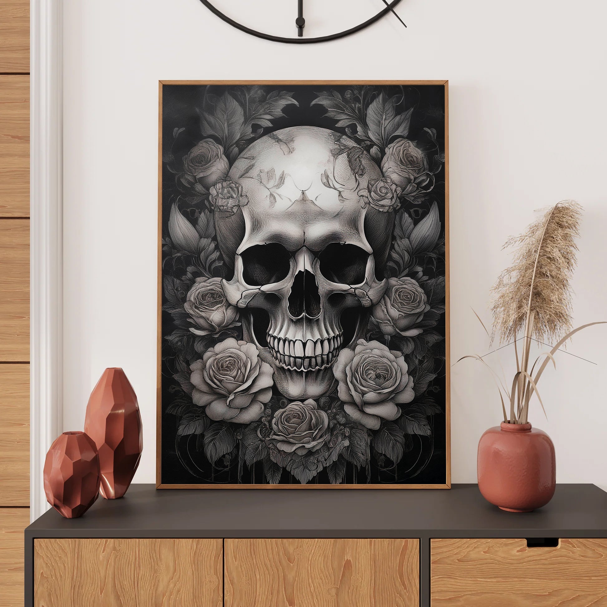 Skull with roses wall art print featuring a detailed skull surrounded by blooming roses, perfect for gothic and floral home decor digital download