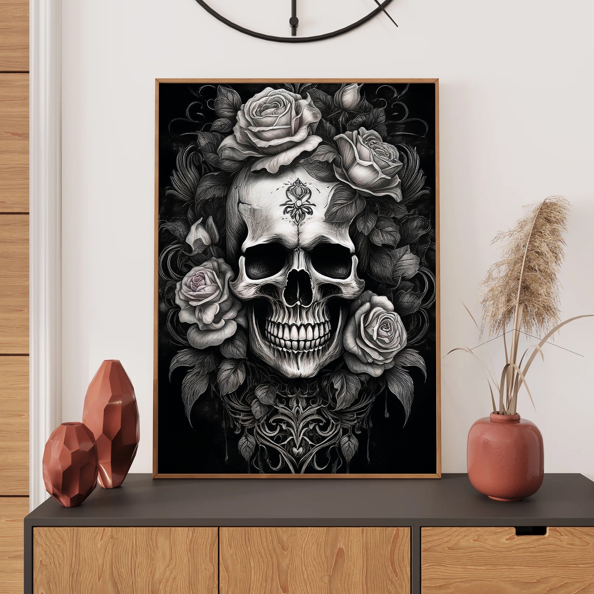 Skull with roses wall art print featuring a detailed skull surrounded by blooming roses, perfect for gothic and floral home decor digital download