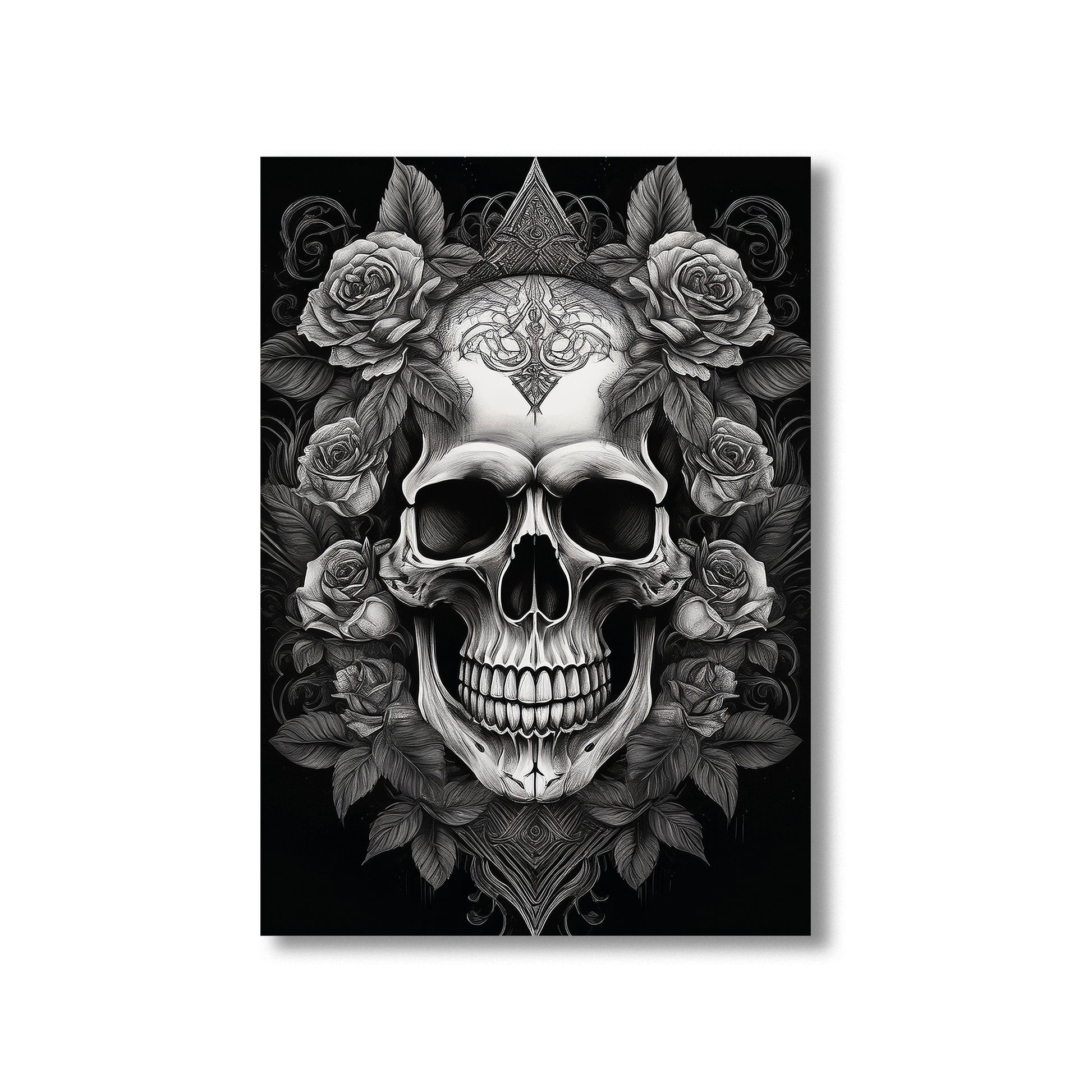 Skull with roses wall art print featuring a detailed skull surrounded by blooming roses, perfect for gothic and floral home decor digital download