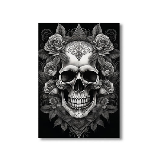 Skull with roses wall art print featuring a detailed skull surrounded by blooming roses, perfect for gothic and floral home decor digital download