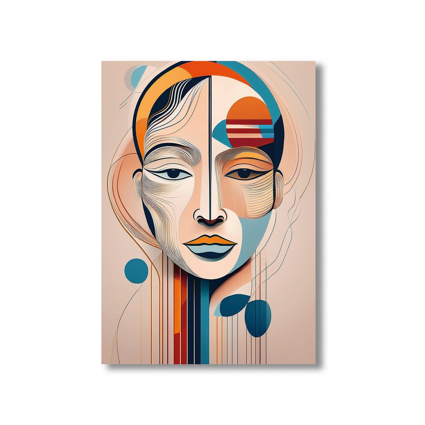 Abstract art print of a stylized face with geometric shapes on a beige background