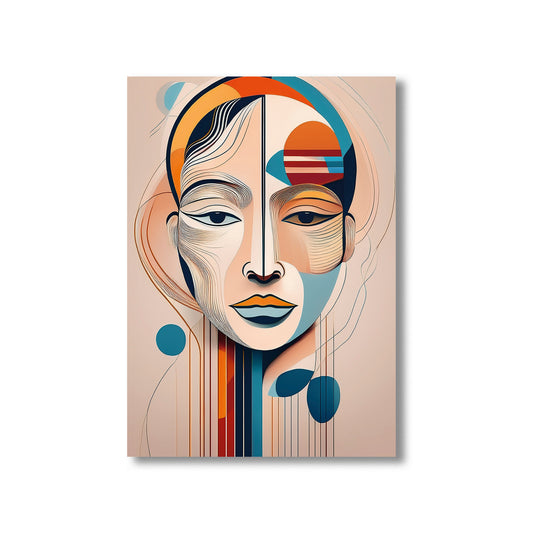Abstract art print of a stylized face with geometric shapes on a beige background