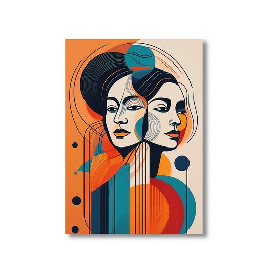 Abstract art print of two faces with geometric shapes on a beige background