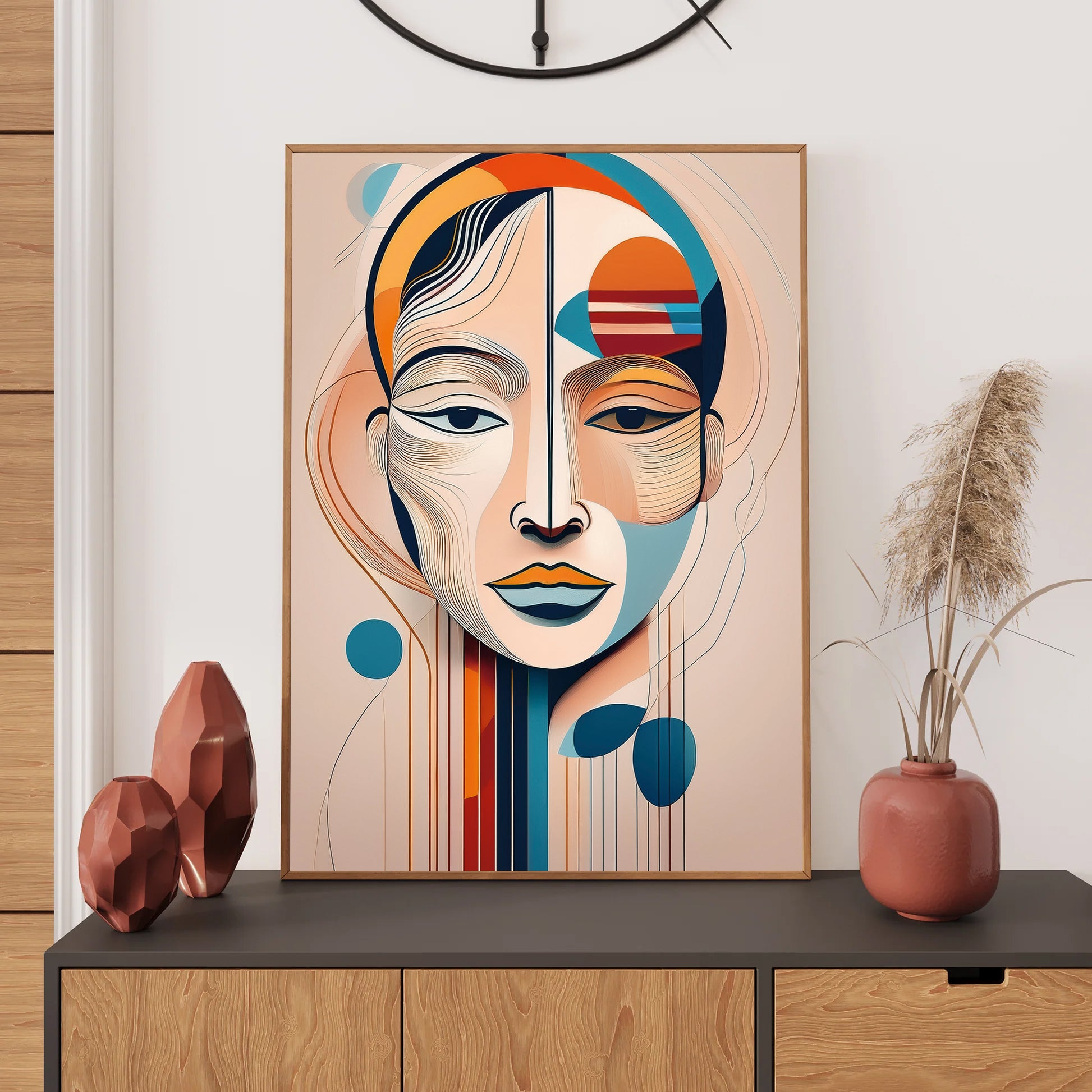 Abstract art print on a wall above a wooden cabinet with decorative items.
