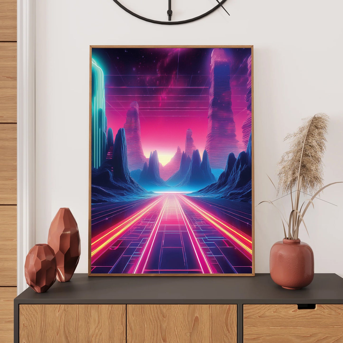 Vibrant neon sunset behind mountains with glowing reflections on water in retro-futuristic synthwave colors.