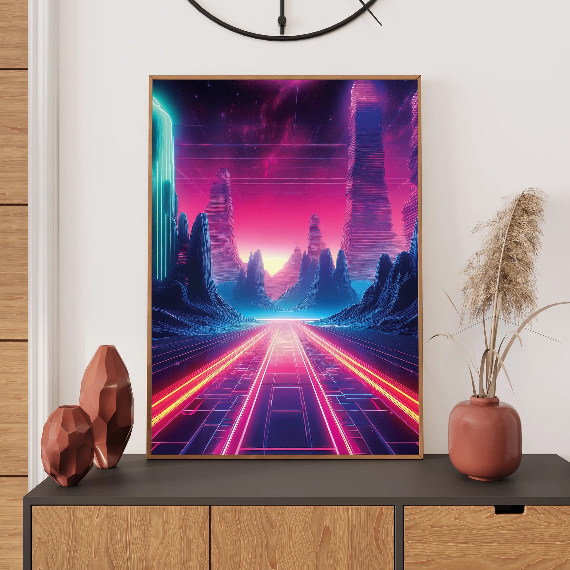 Vibrant neon sunset behind mountains with glowing reflections on water in retro-futuristic synthwave colors.