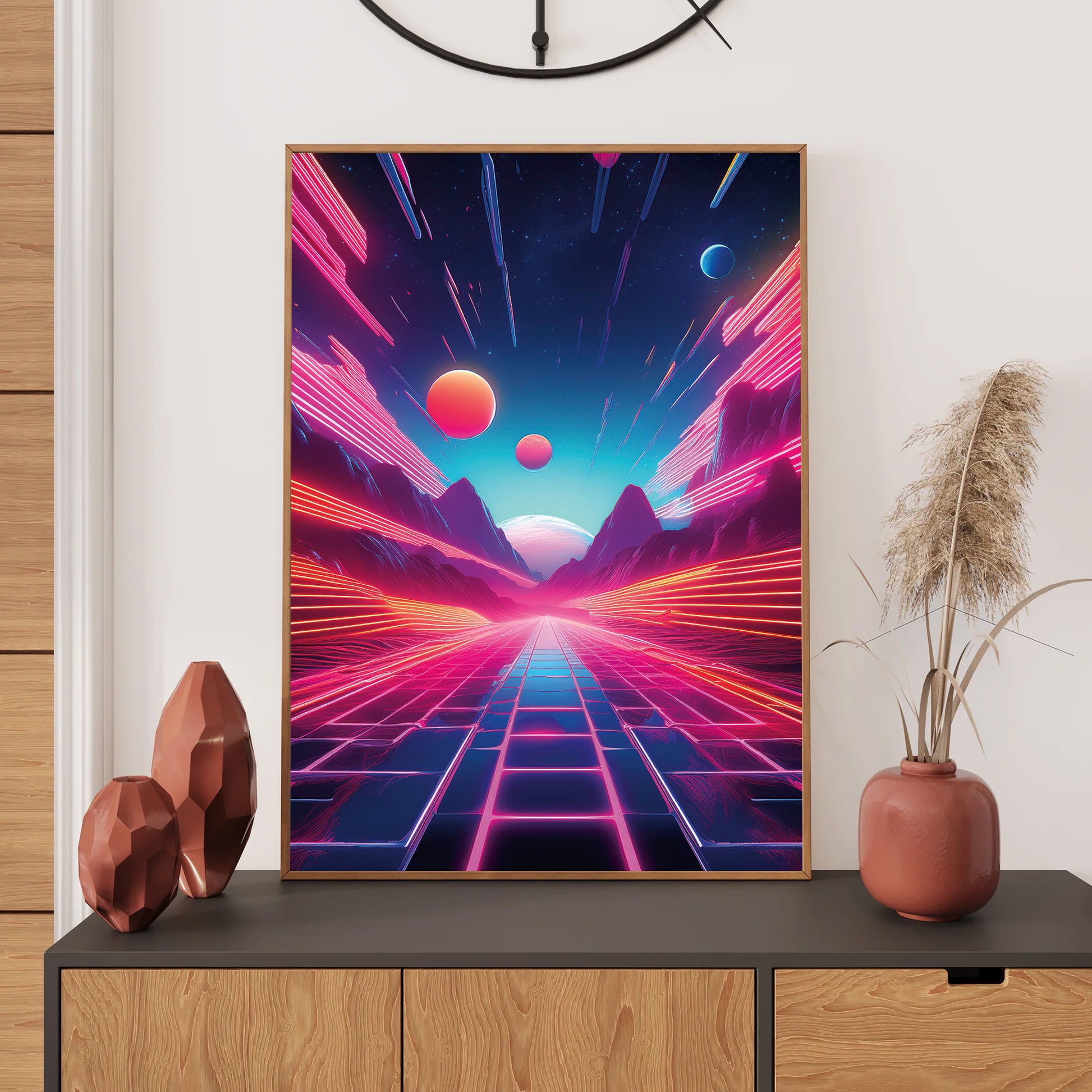 "Vibrant neon sunset behind mountains with glowing reflections on water in retro-futuristic synthwave colors."