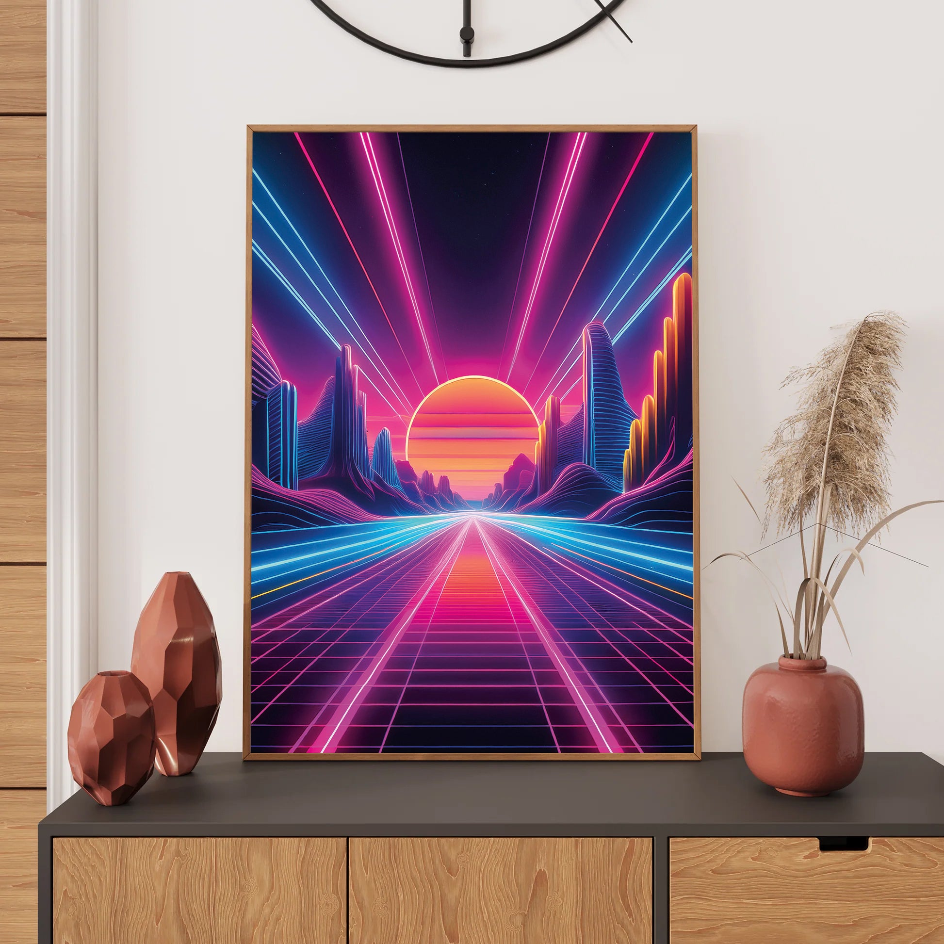 Glowing neon pathway over an ocean leading to a radiant sun on the horizon in a retro-futuristic synthwave style.