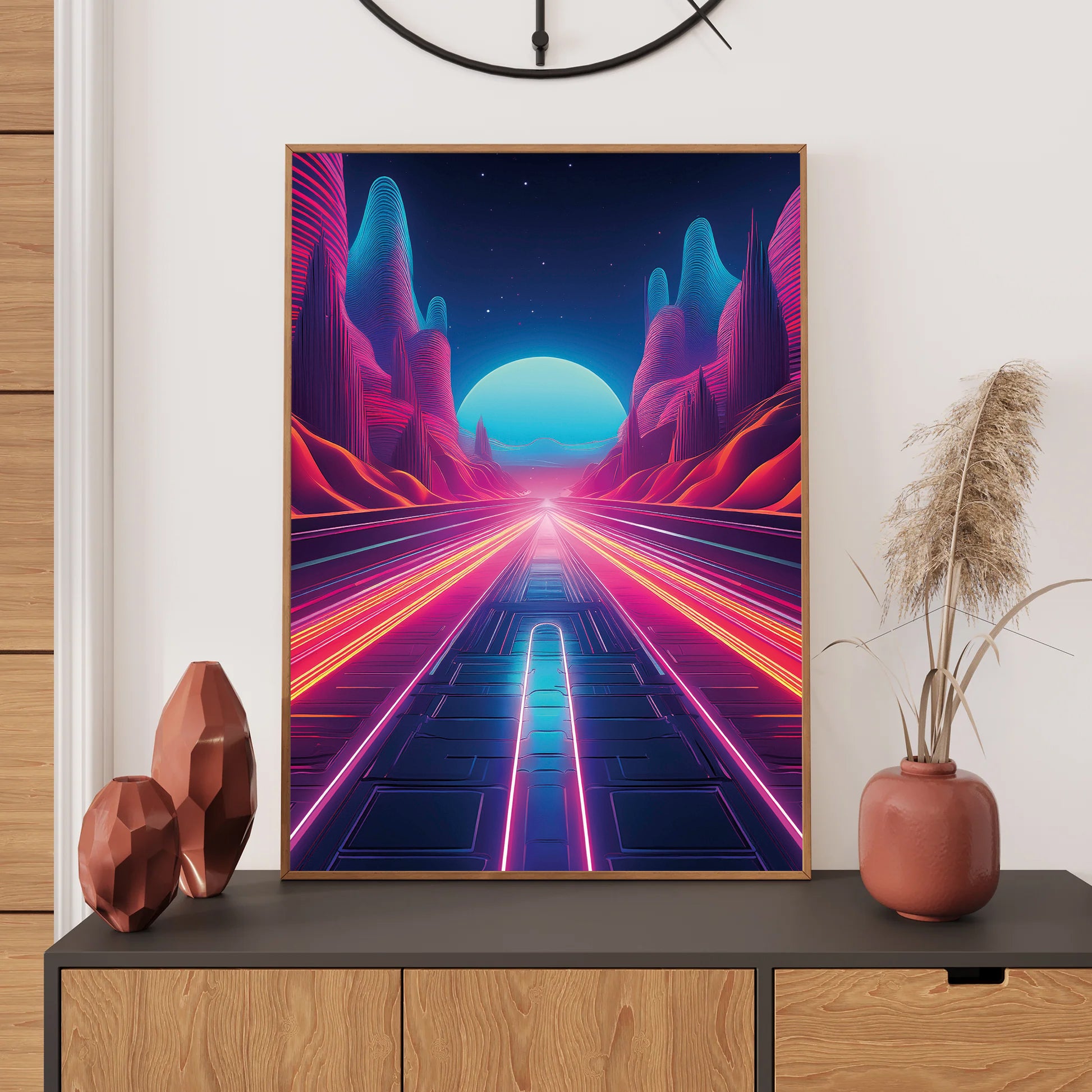 Neon pathway across an ocean leading to a glowing full moon under a vibrant synthwave night sky.