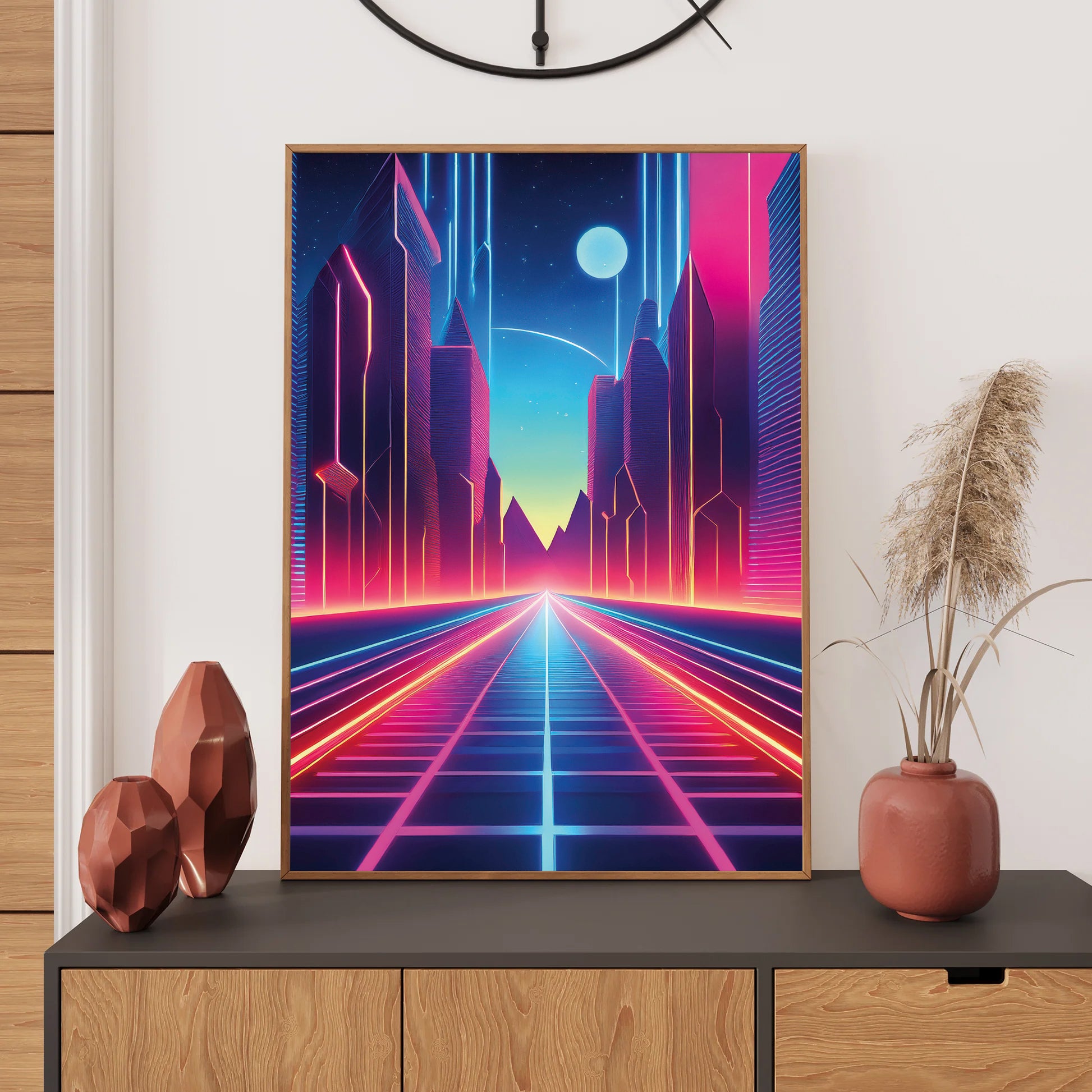 Neon pathway across an ocean leading to a glowing full moon under a vibrant synthwave night sky.