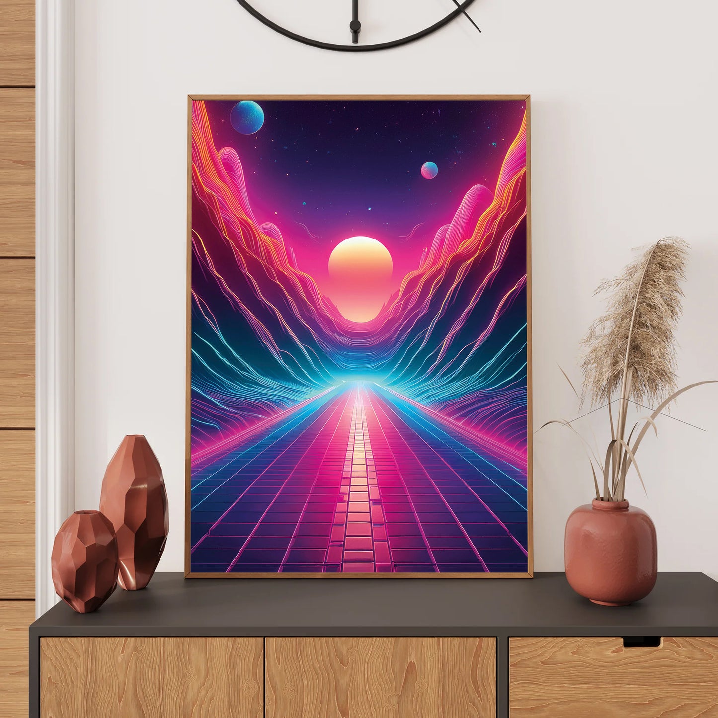Neon pathway across an ocean leading to a glowing sun on the horizon in vibrant synthwave sunset colors.