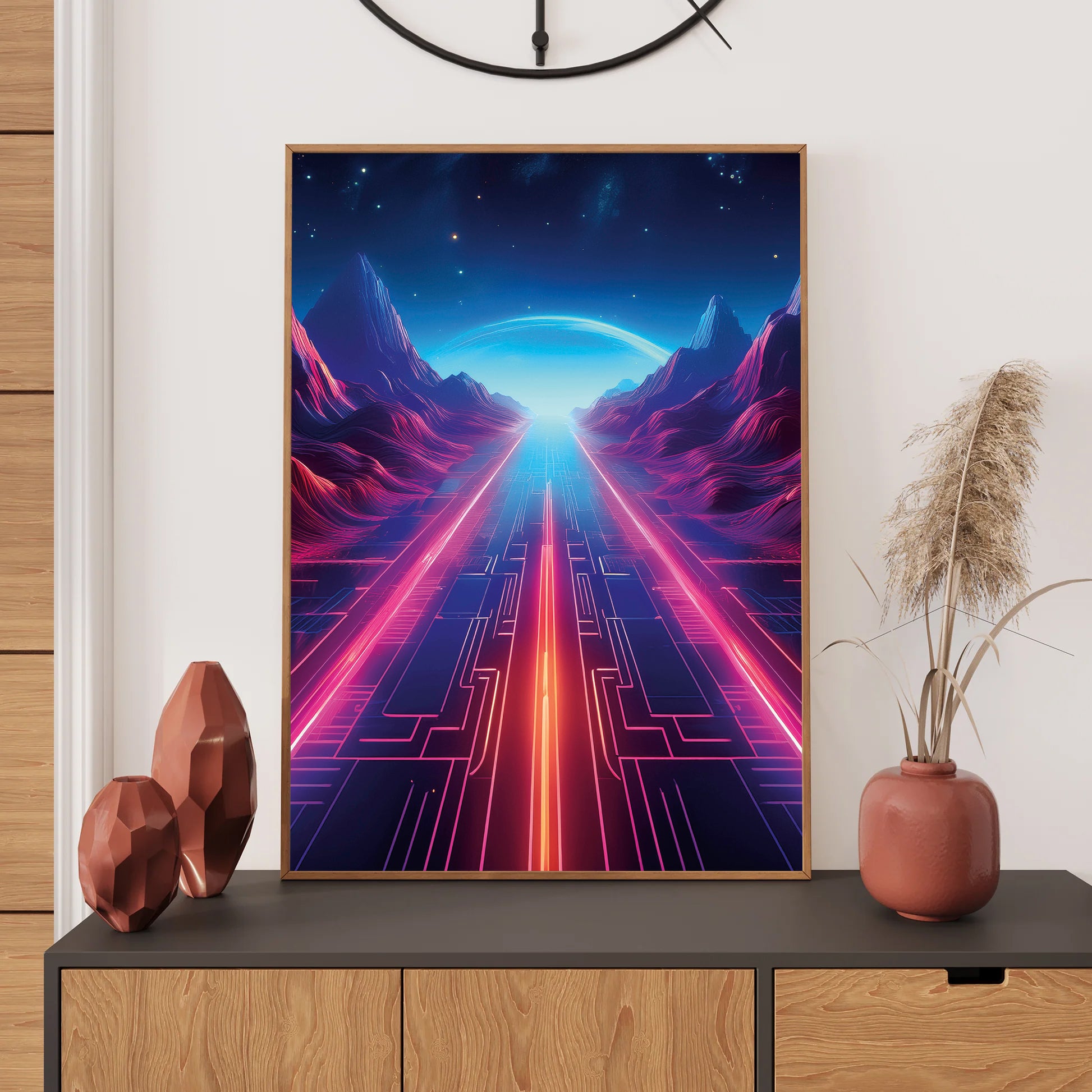 Neon pathway leading across an ocean to a glowing full moon set against a radiant retro-futuristic horizon.