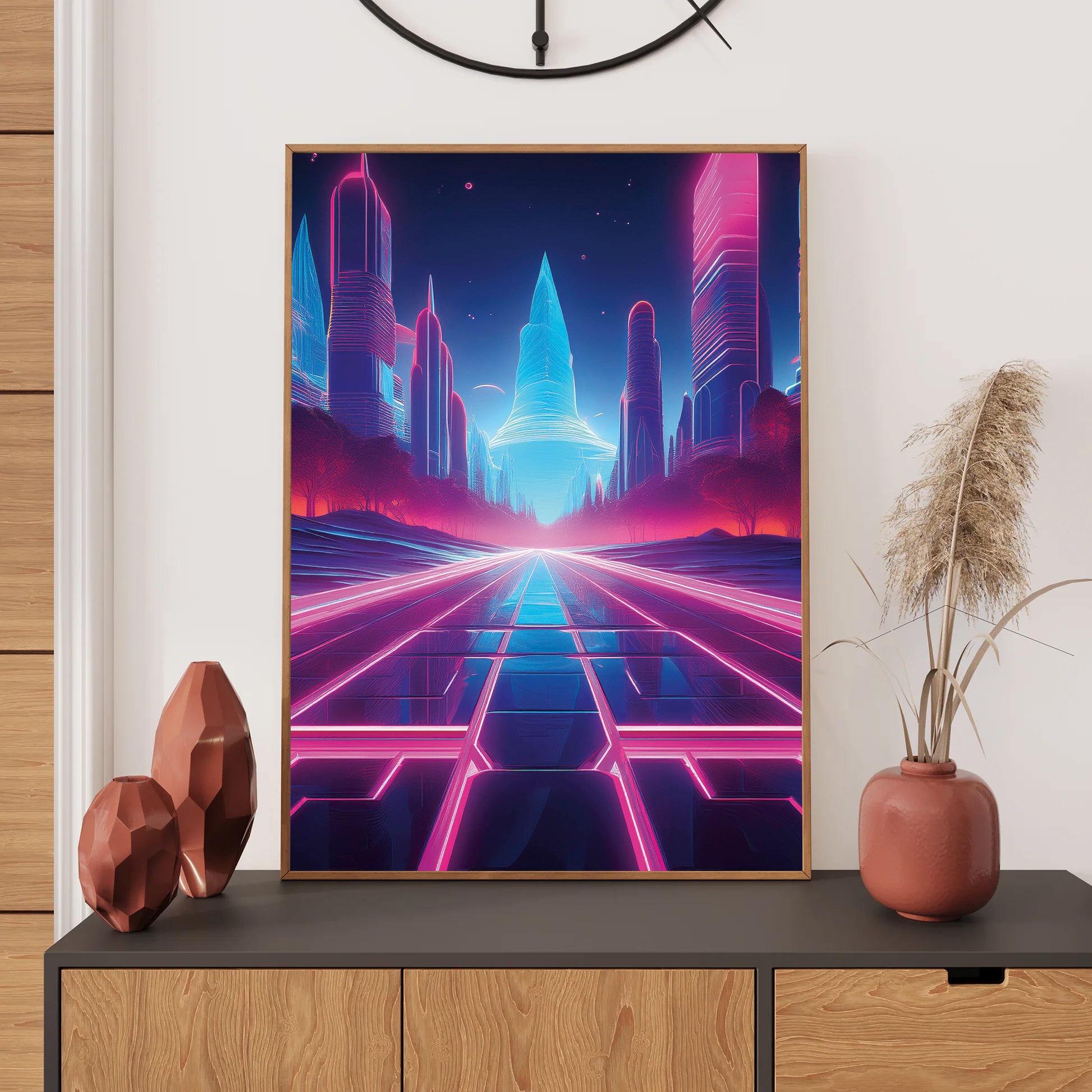 Neon skyscraper cityscape silhouetted against a glowing retro-futuristic sunset in vibrant synthwave colors.