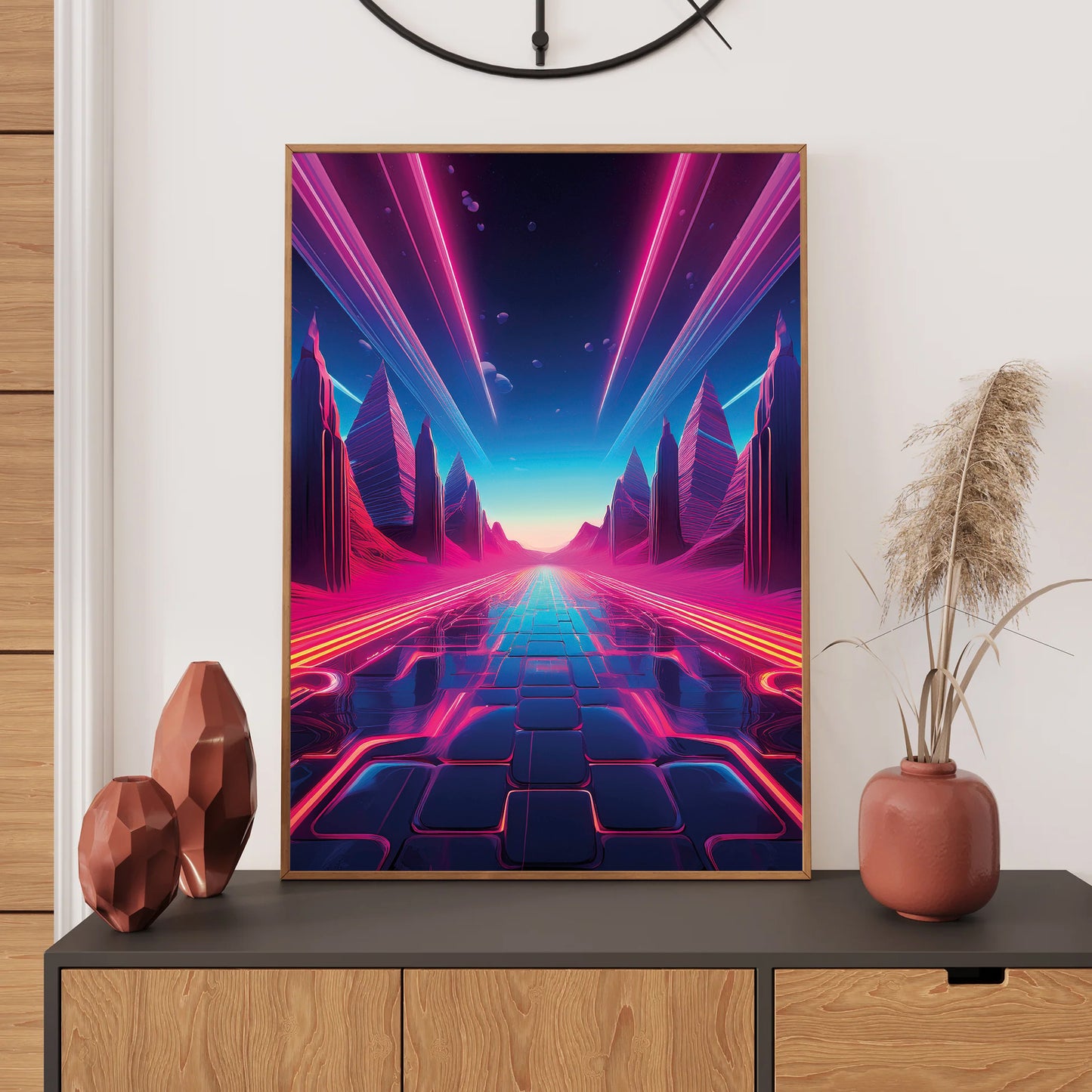 Neon skyscraper cityscape silhouetted against a glowing retro-futuristic sunset in vibrant synthwave colors.